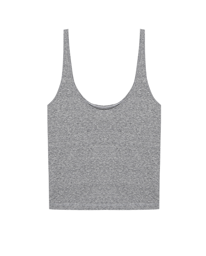The Scoop Neck Tank by THE GREAT. SU25 CORE KNITS in Heather Grey is a gray, sleeveless, cropped scoop neck top—an effortless women’s staple, shown laid flat on a plain background.