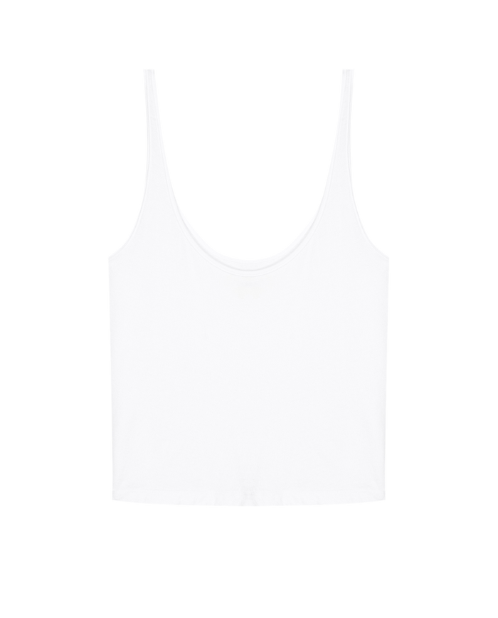 The Scoop Neck Tank in True White by THE GREAT. SU25 CORE KNITS features a classic scoop neck and thin straps, shown on a solid black background—an essential staple for any woman’s wardrobe.