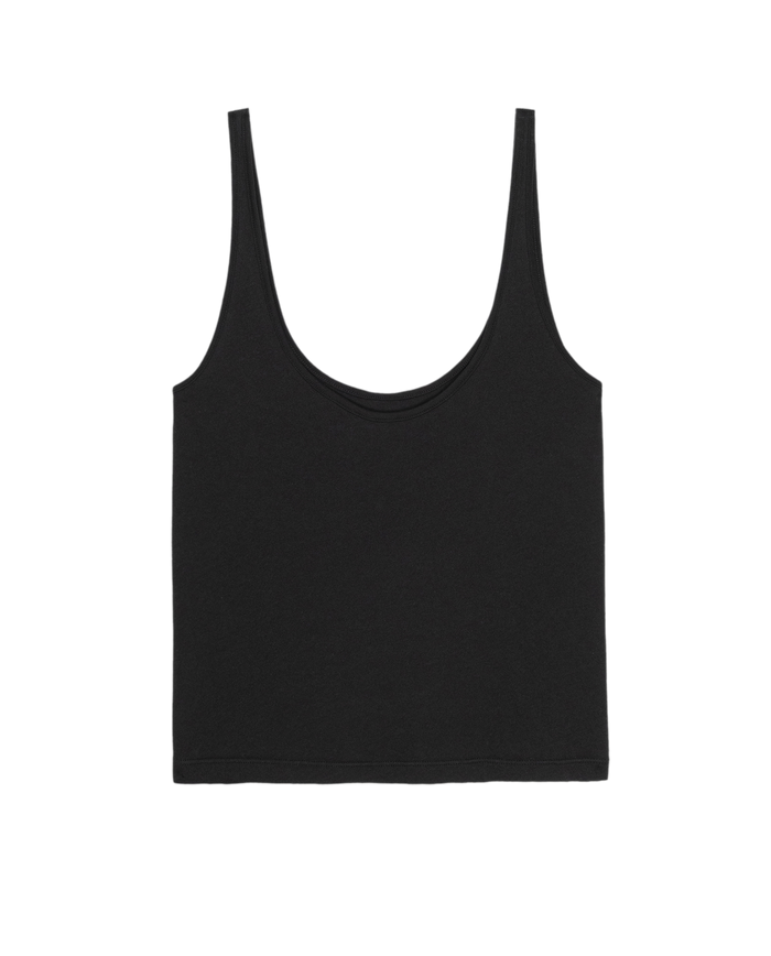 The Scoop Neck Tank in Solid -- Almost Black by THE GREAT. SU25 CORE KNITS features a sleeveless design and scoop neckline, shown against a white background.