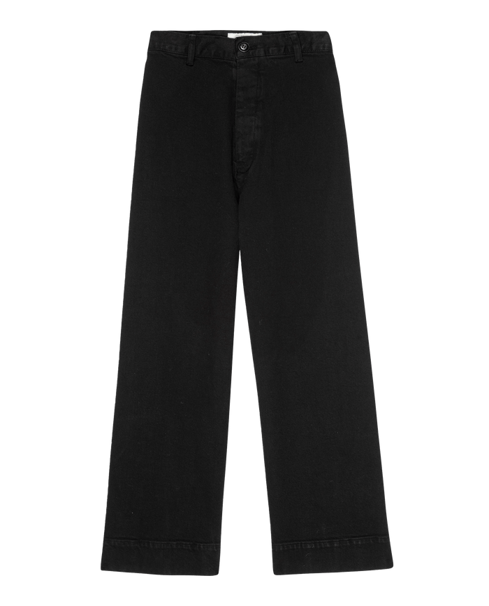 The Seafair Jean.. -- Carbon by THE GREAT. F25 D1: black ultrahigh waist straight-leg jeans with belt loops, front button, and zipper closure, shown laid flat on a white background.