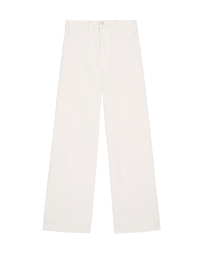 The Seafair Jean in True White by THE GREAT. SP25 D1 boasts a wide-leg style with button closure and belt loops, making it perfect for any trendy outfit.
