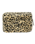The Sherpa pouch from THE GREAT. HOL 24 ACCESSORIES features a chic cream and black leopard print pattern, offering a stylish rectangular clutch design with a fuzzy texture.