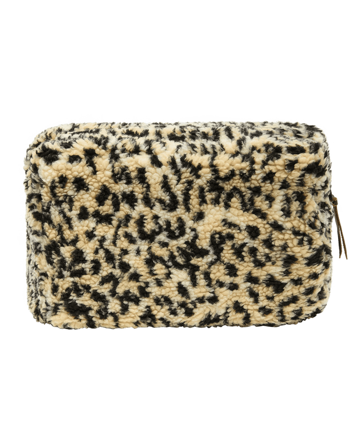 Introducing The Sherpa Pouch by THE GREAT. HOL 24 ACCESSORIES, showcasing a chic black and beige leopard print with a handy side zipper.