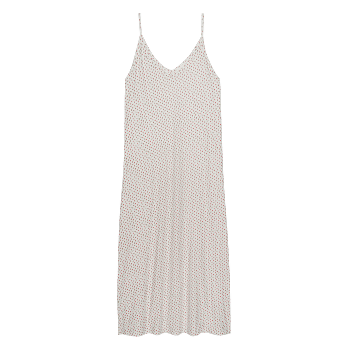 The Slip Sleeper V Neck Dress -- Calico Rose by THE GREAT. PS26 SLEEP is a sleeveless, knee-length jersey dress with thin spaghetti straps and a subtle small dot pattern on a light background.