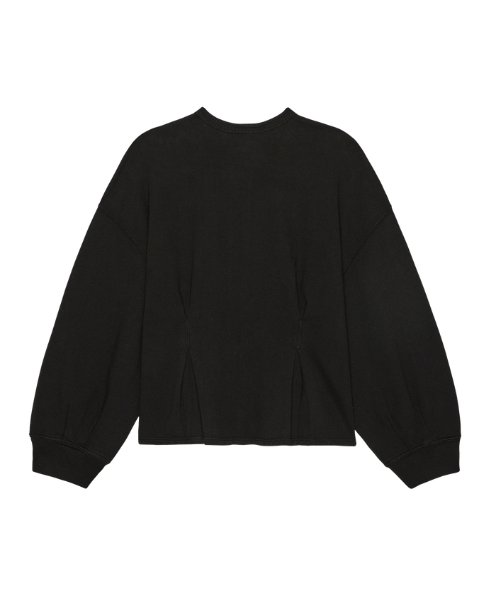 Back view of The Slouchy Corset Sweatshirt in True Black by THE GREAT. SP26 DANCER BODIES—vintage-inspired, long-sleeve, ribbed cuffs, handcrafted in Los Angeles from soft French terry. Shown on a white background.