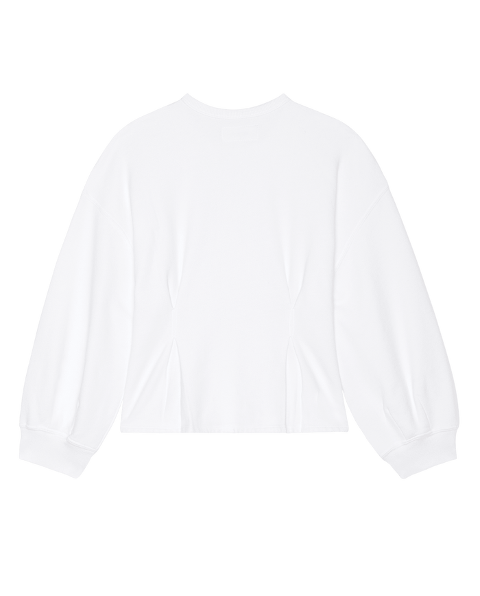 Back view of THE GREAT. SP26 DANCER BODIES The Slouchy Corset Sweatshirt in True White, featuring a plain long-sleeve French terry design and crew neck, shown against a white background for a vintage-inspired feel.