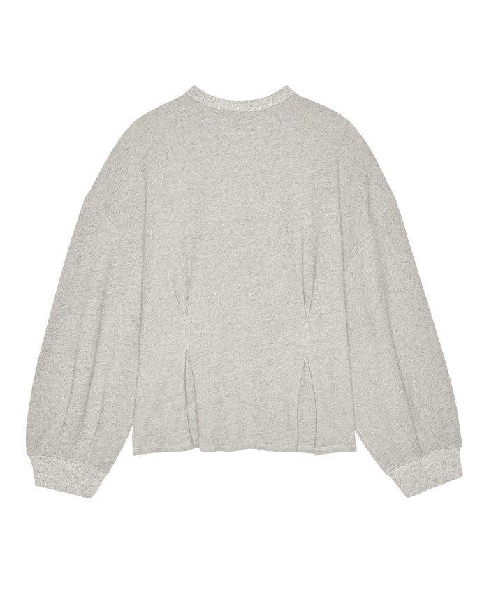 The Slouchy Corset Sweatshirt in Varsity Grey by THE GREAT. SP26 DANCER BODIES, shown flat from the back, features subtle seams and ribbed cuffs and neckline, expertly handcrafted in Los Angeles from soft French terry.