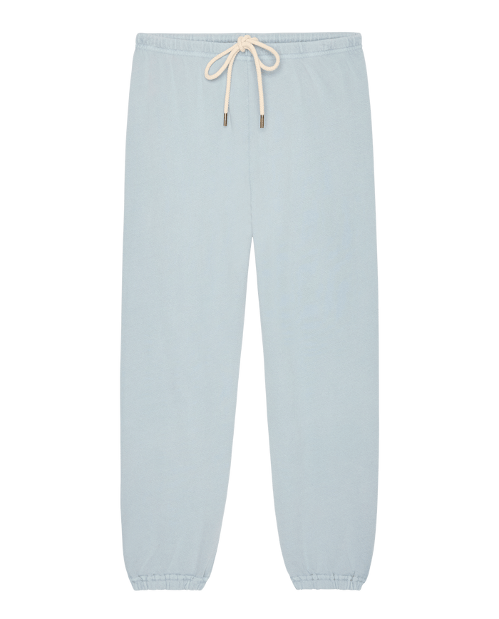 The Stadium Sweatpant in Whisper Blue by THE GREAT. SP26 SEASONAL CORE features an elastic waistband, white drawstring, and elastic cuffs. Handcrafted in Los Angeles and shown laid flat on a white background.