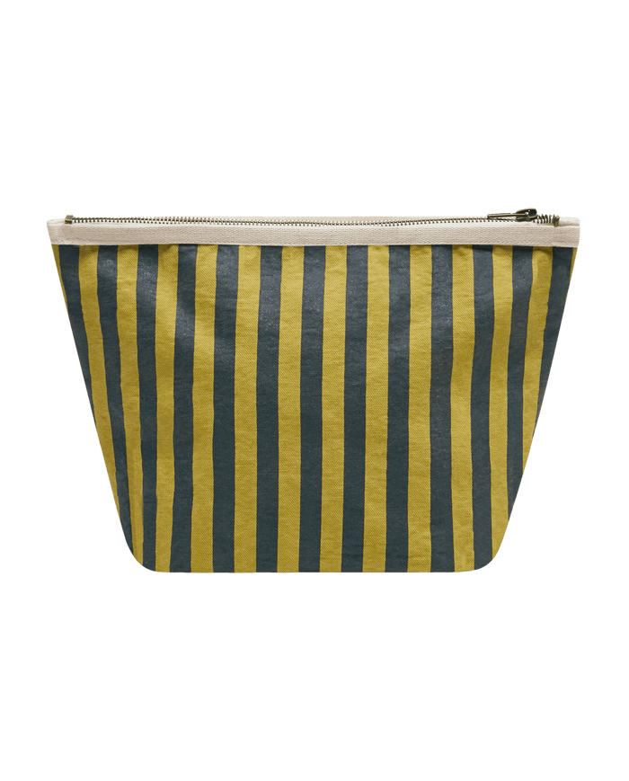 The Stripe Pouch – Citron Mini Prep Stripe by THE GREAT. F26 D1 features vertical mustard yellow and dark grey stripes, a cream-colored top trim, and a metal zipper.