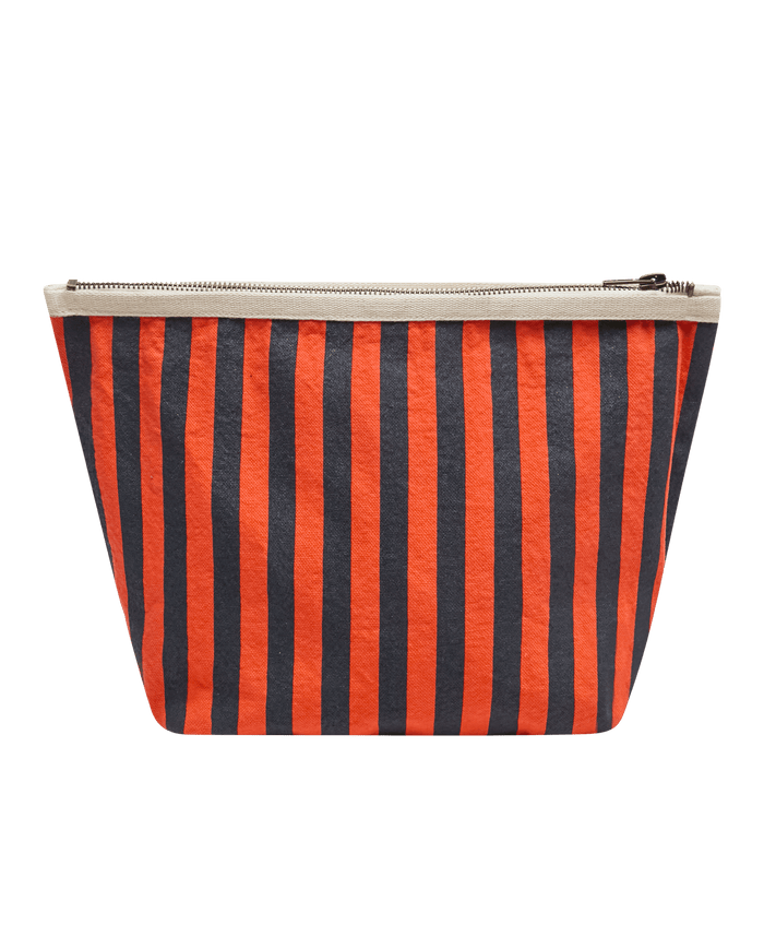 Introducing The Stripe Pouch—Hot Red Mini Prep Stripe by THE GREAT. F26 D1, a rectangular pouch showcasing bold vertical orange and black stripes, accented with a beige top edge and finished with a zipper closure, shown on a plain white background.