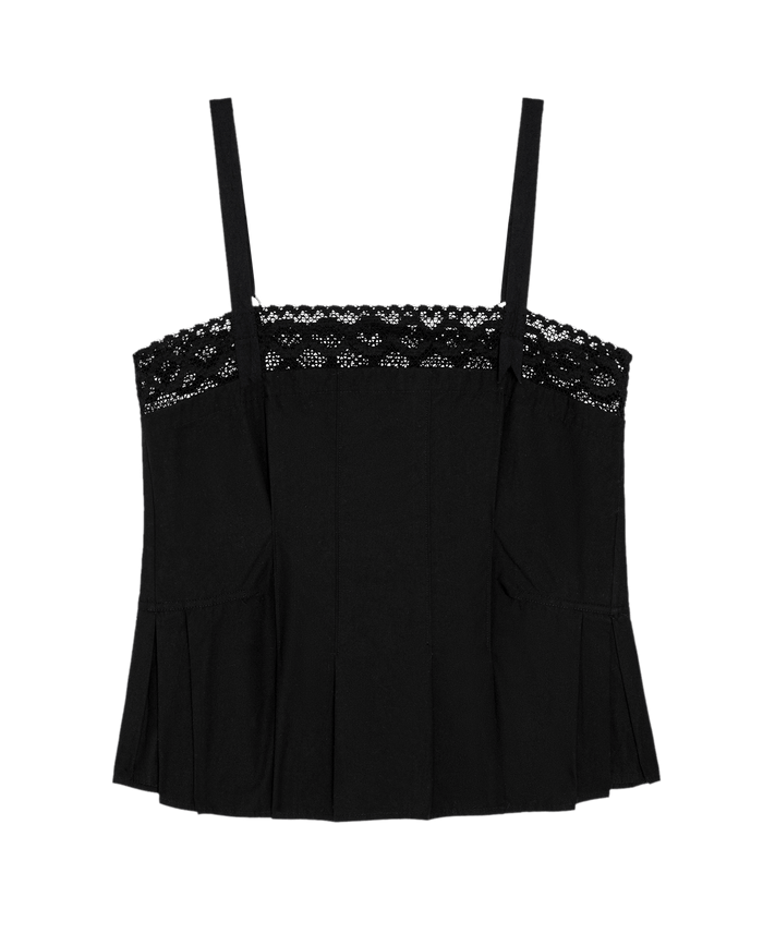 The Structured Victorian Tank by THE GREAT. PF26 is a black sleeveless top with lace-trimmed neckline, thin straps, and pleated hem for an elegant finish.