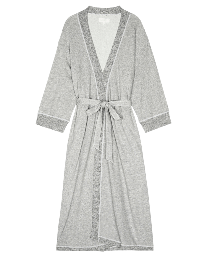 Introducing The Sweatshirt Robe in Light Heather Grey by THE GREAT. HOL 24 SLEEP—a luxurious robe made from ultra-soft cotton. This loungewear staple features a belt tied at the waist, long sleeves, and a contrasting trim to ensure comfort and style during every moment of relaxation.