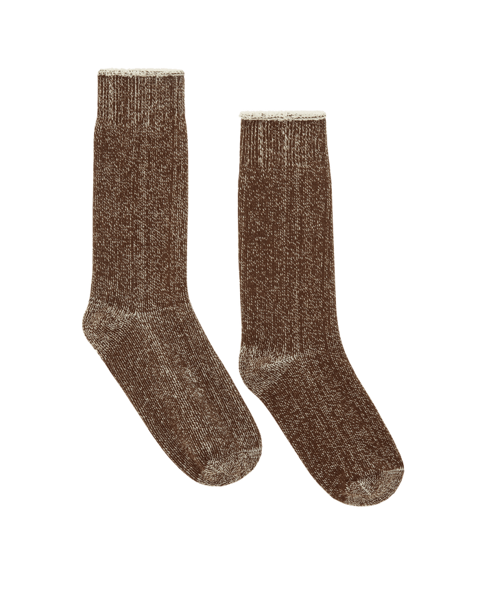 The Sweatshirt Sock in Chocolate by THE GREAT. CARRYOVER is a pair of brown, ribbed French Terry crew socks featuring off-white accents at the cuff, toe, and heel, shown against a plain white background.