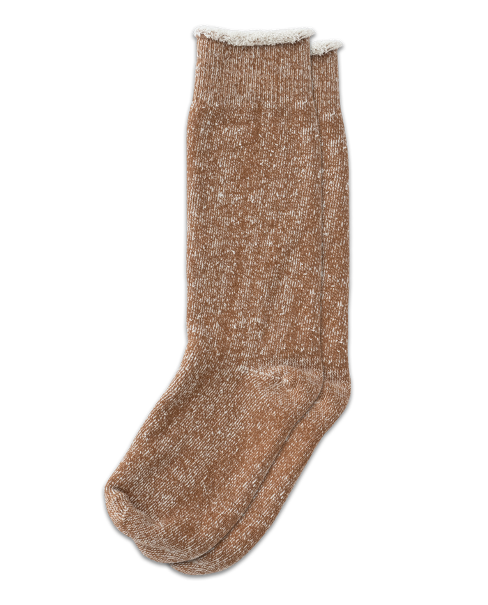 The Sweatshirt Sock in Nutmeg by THE GREAT. SP25 features a textured knit pattern, laid flat against a black background.