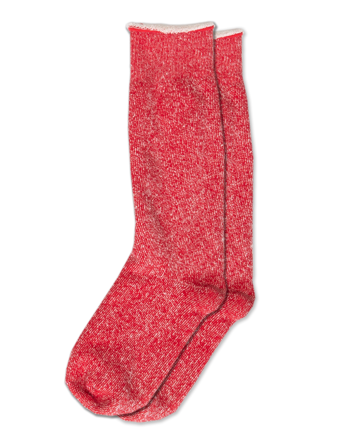 The Sweatshirt Sock in Red Cherry by THE GREAT. SP25 is on display against a black background, resembling your favorite cozy sweatshirt.