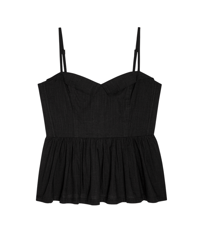 The Verse Top by THE GREAT. SU26 is a black sleeveless peplum style featuring adjustable spaghetti straps and a sweetheart neckline, shown on a plain white background.