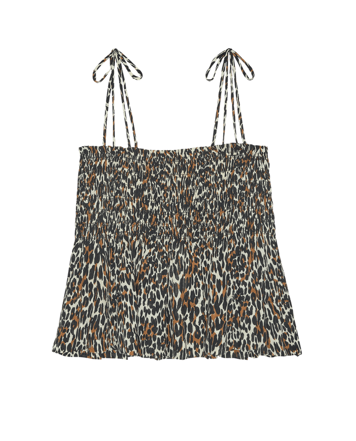 The Tide Smocked Top – Leopard by THE GREAT. SP26 SWIM features a chic brown, black, and white leopard print with adjustable spaghetti straps—perfect for stylish summer outfits.