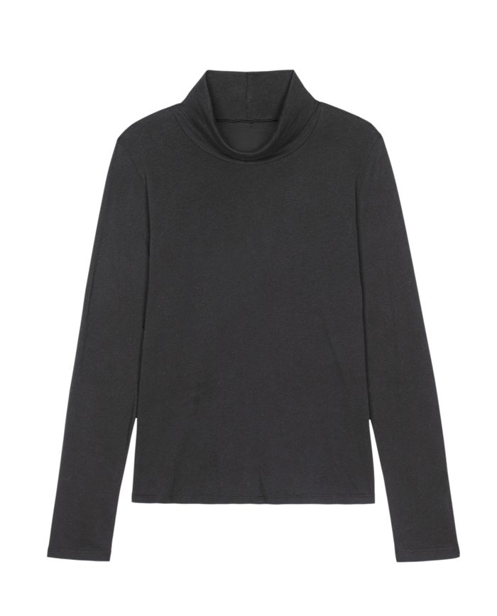 A classic black long-sleeve turtleneck from THE GREAT. HOL 24 TURTLENECKS, set against a crisp white background, embodies timeless fashion elegance and is aptly named "The Turtleneck. -- Almost Black".