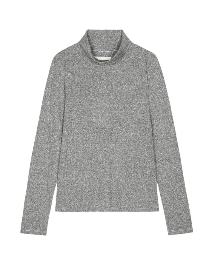 The Turtleneck in Heather Grey by THE GREAT. HOL 24 TURTLENECKS, a timeless fashion piece, is laid flat on a white background.