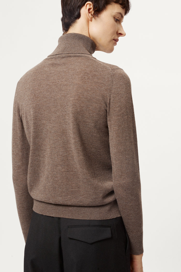 Person wearing a brown turtleneck sweater on a white background