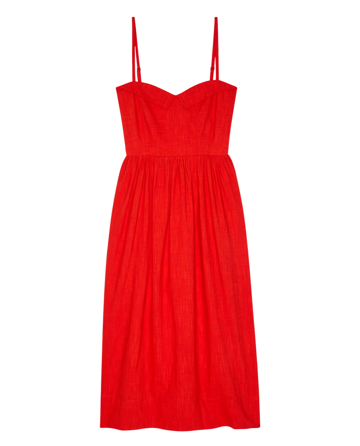 The Verse Dress in Hot Red by THE GREAT. SP26 D1 features spaghetti straps, a fitted bodice, and a gathered skirt, shown sleeveless against a plain white background.