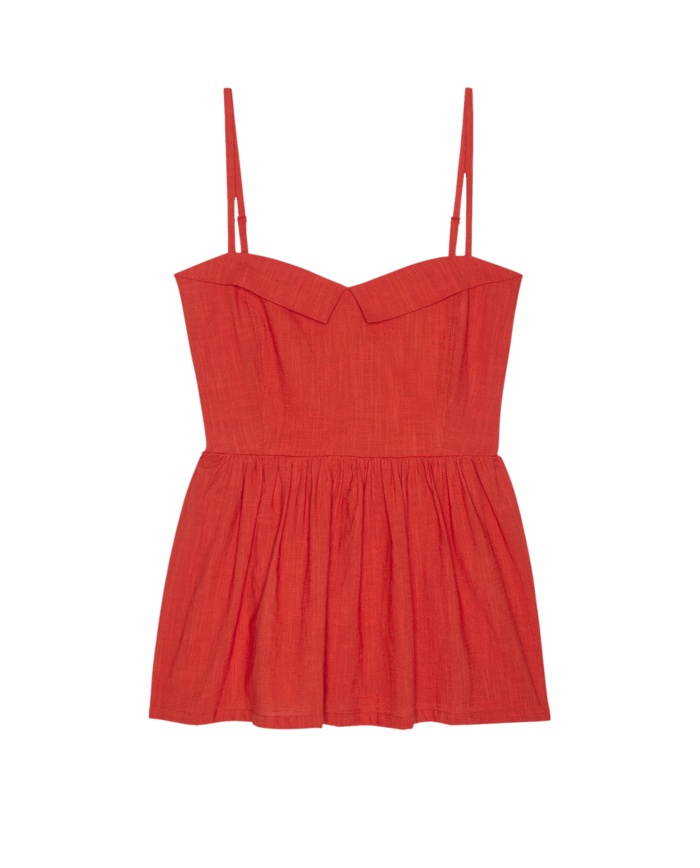 The Verse Top in Hot Red by THE GREAT. SP26 D1, a sleeveless women's blouse with thin spaghetti straps and a fitted bodice, shown on a plain white background.