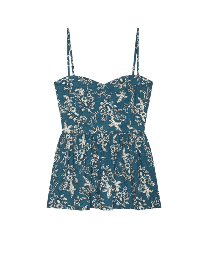 The Verse Top in Indigo Bandana by THE GREAT. SP26 D1 features a sleeveless design, sweetheart neckline, spaghetti straps, and fitted bodice in textured cotton, shown against a plain white background.