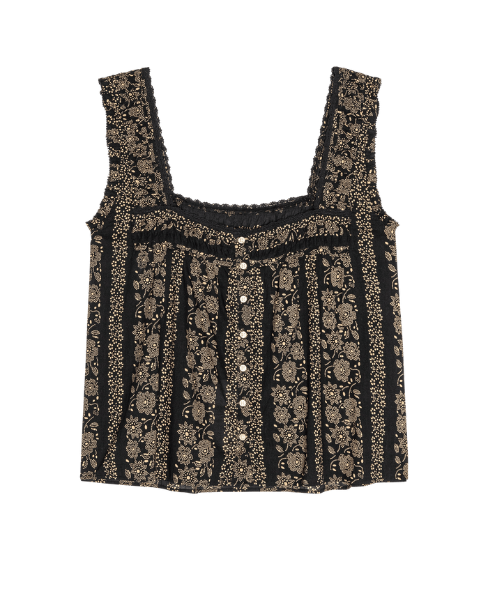 The Victorian Pleat Tank by THE GREAT. SU26 features a black and cream token floral pattern, a square neckline with lace trim, button-down front, and sleeveless Victorian-inspired pleats.