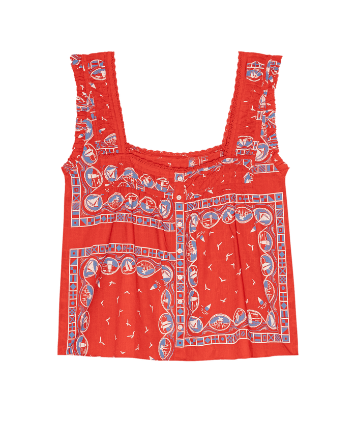 THE GREAT. SU26 The Victorian Pleat Tank in Red Sailboat Bandana: a red sleeveless top with a square neckline and blue-and-white sailboat bandana print.