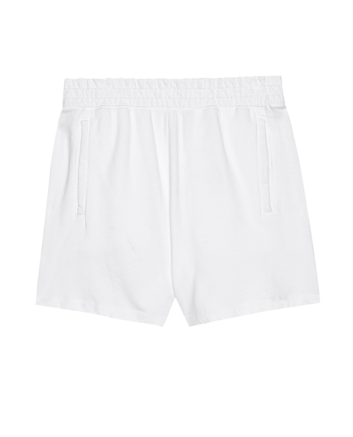 Experience ultimate comfort with The Victory Short. Solid -- True White by THE GREAT. SU25 CORE KNITS: white athletic shorts with an elastic waistband and two side pockets, shown laid flat on a plain background.