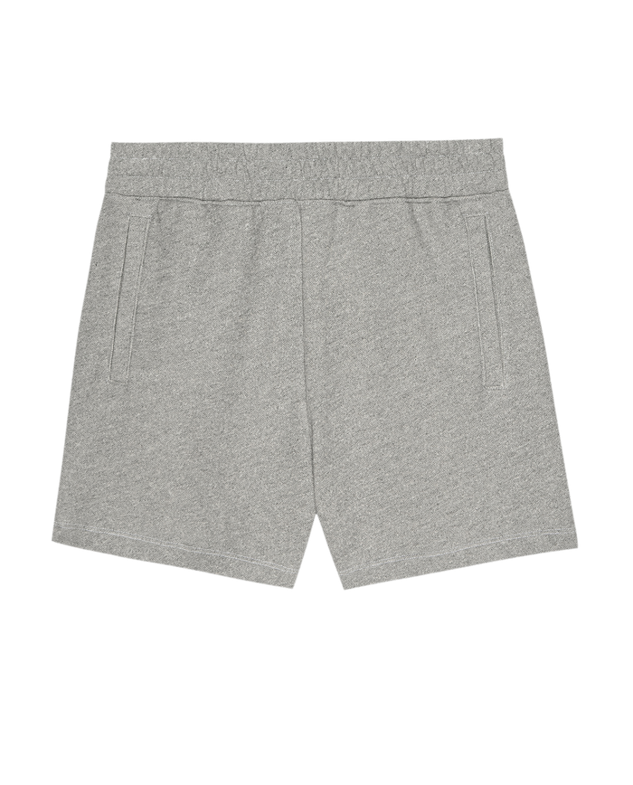 The Victory Short in Varsity Grey by THE GREAT. SU25 CORE KNITS features an elastic waistband and two side pockets—ideal for performance wear.
