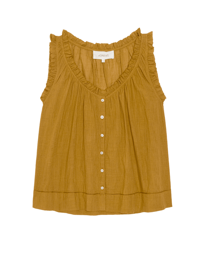 The Vignette Top in Clay by THE GREAT. SU26: A sleeveless women's blouse with ruffled trim, button-down front, and gentle gathers—stylish and versatile for any occasion.