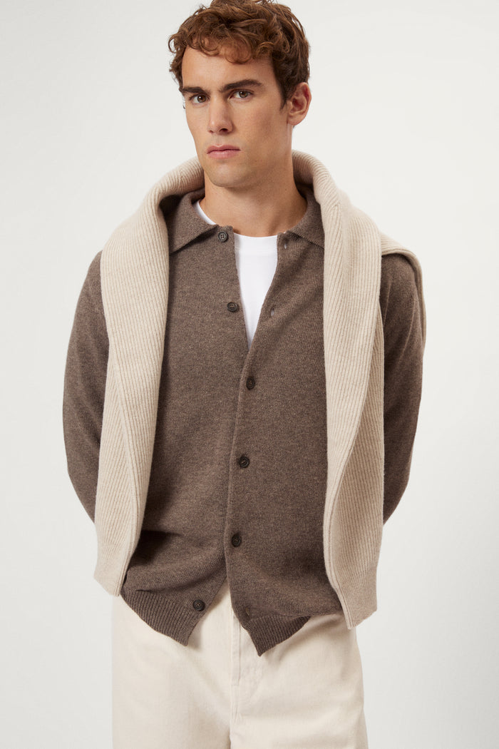 Man wearing a brown woolen polo shirt on a white background