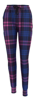 Slim fit Thistle Tartan Joggers in deep purple with cuffed bottoms, drawstring waist, and pockets.
