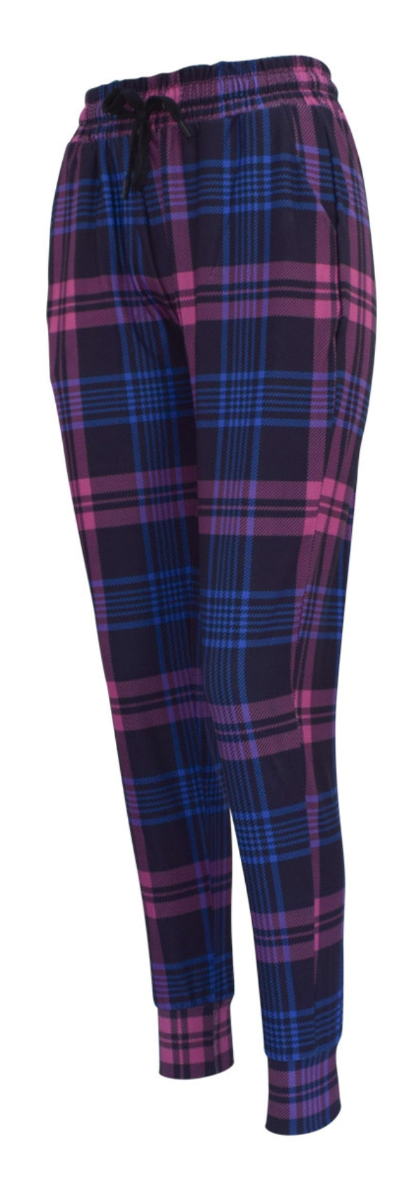 Slim fit Thistle Tartan Joggers in deep purple with cuffed bottoms, drawstring waist, and pockets in soft fabric