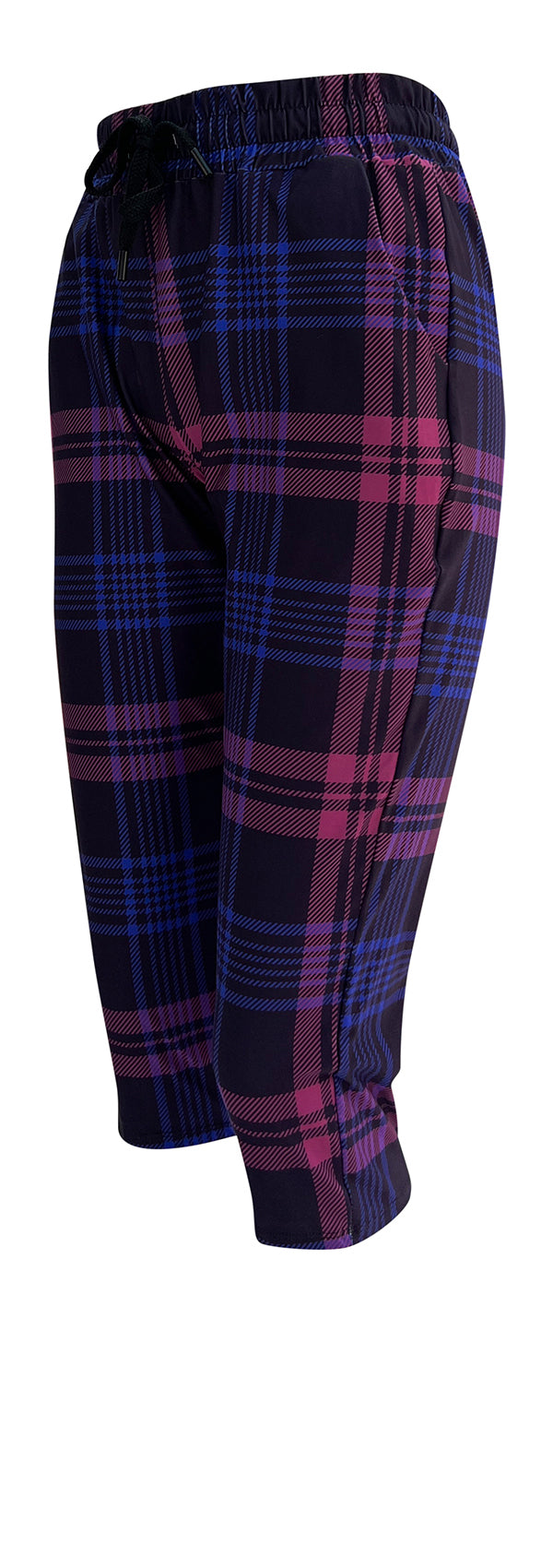 Slim fit Thistle Tartan Joggers in deep purple plaid with drawstring waist and cuffed bottoms.