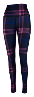 Thistle Tartan leggings in deep purple with blue plaid pattern and deep side pockets