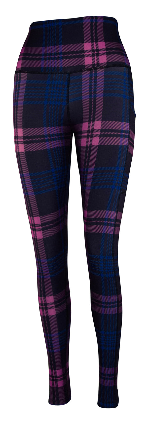 Thistle Tartan leggings in deep purple with blue plaid pattern and deep side pockets