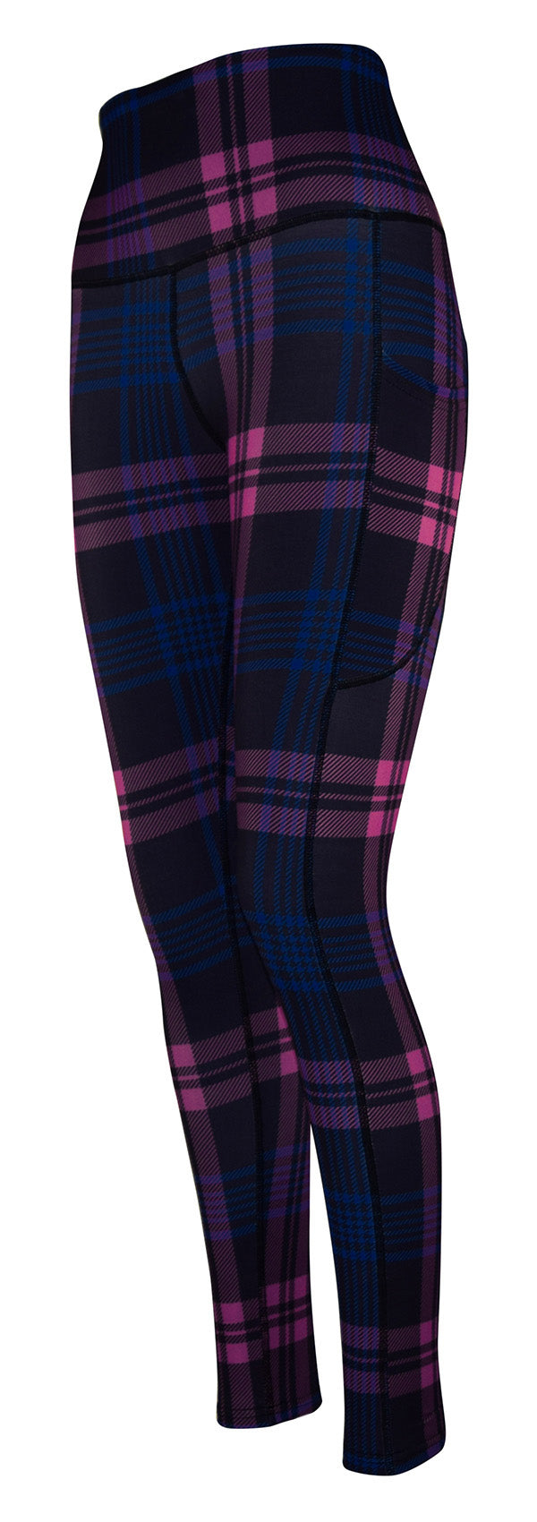 Women's Thistle Tartan leggings with deep side pockets and structured stitching in deep purple plaid pattern