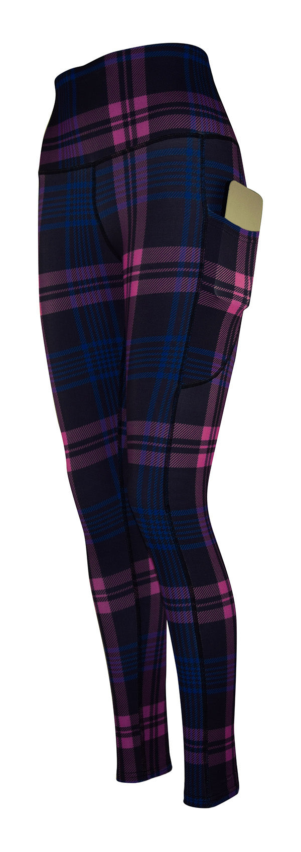 Purple thistle tartan leggings with deep side pockets and structured stitching for keys and phone
