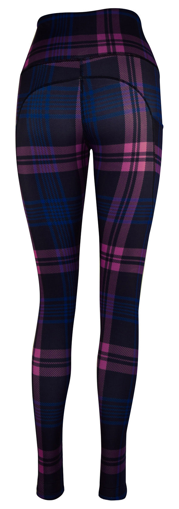 Women's leggings in deep purple Thistle Tartan pattern with two deep side pockets and structured stitching