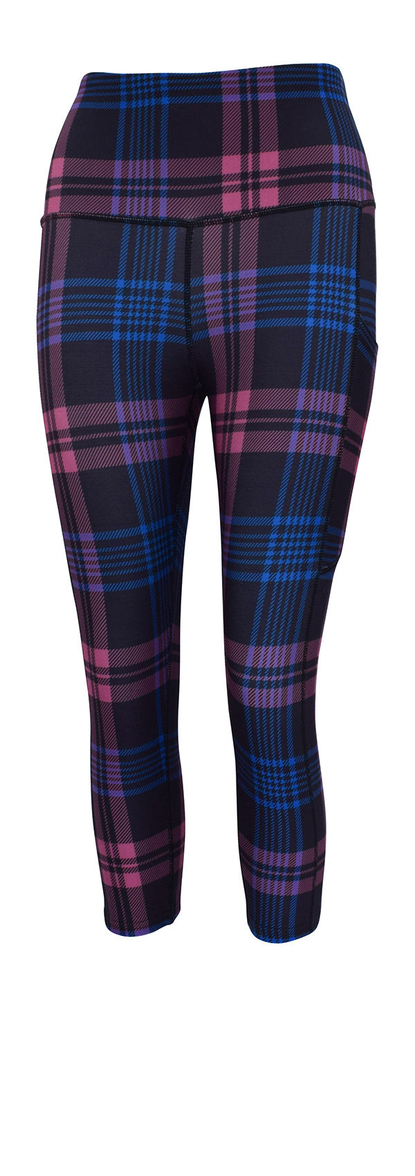 Thistle Tartan leggings in deep purple with blue plaid pattern and side pockets
