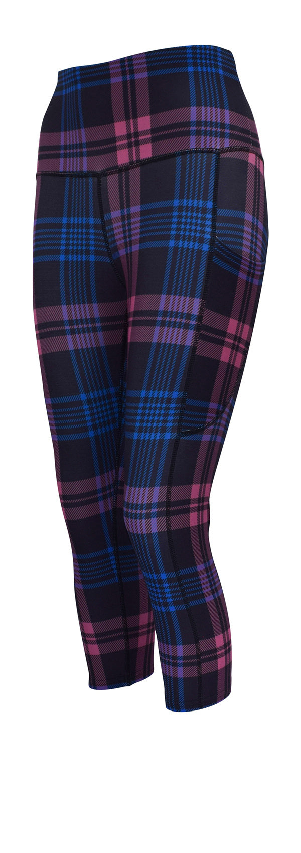 Thistle Tartan leggings in deep purple with blue plaid pattern and side pockets