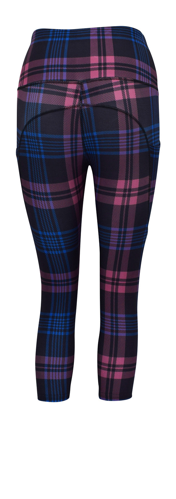 Back view of Thistle Tartan leggings with deep side pockets and structured stitching in purple and blue plaid pattern