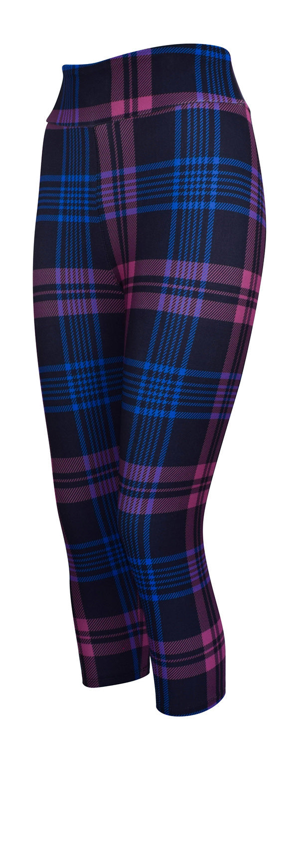 Close-up of cropped leggings featuring sophisticated Thistle Tartan pattern in deep purple and blue plaid design