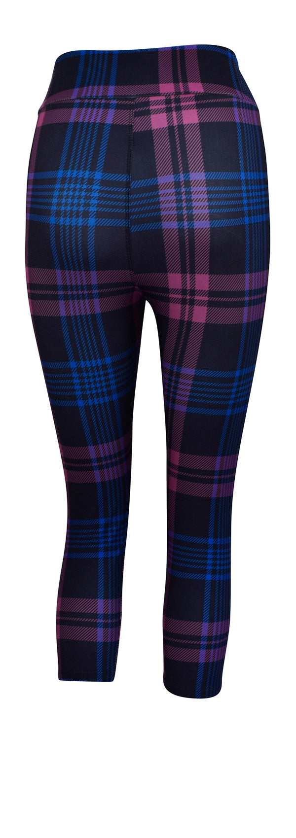 Back view of leggings with deep purple and blue Thistle Tartan pattern