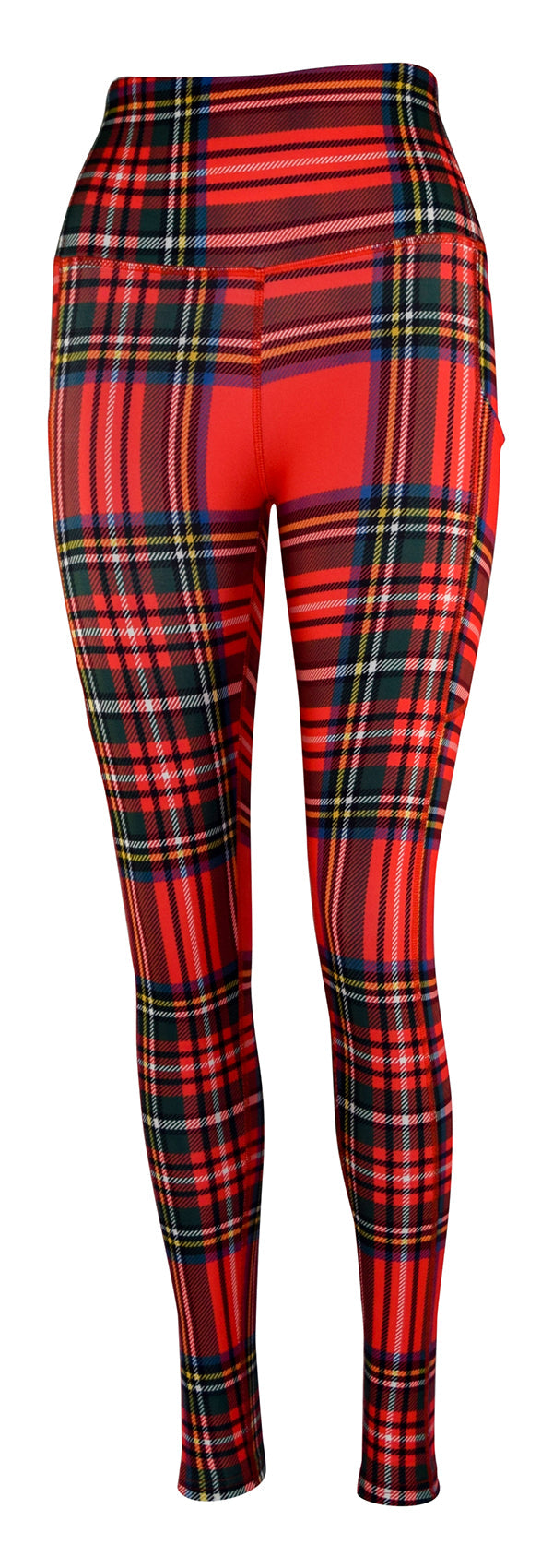 Red traditional tartan leggings with deep side pockets and structured stitching