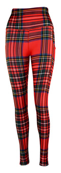 Red traditional tartan leggings with deep side pockets and structured stitching