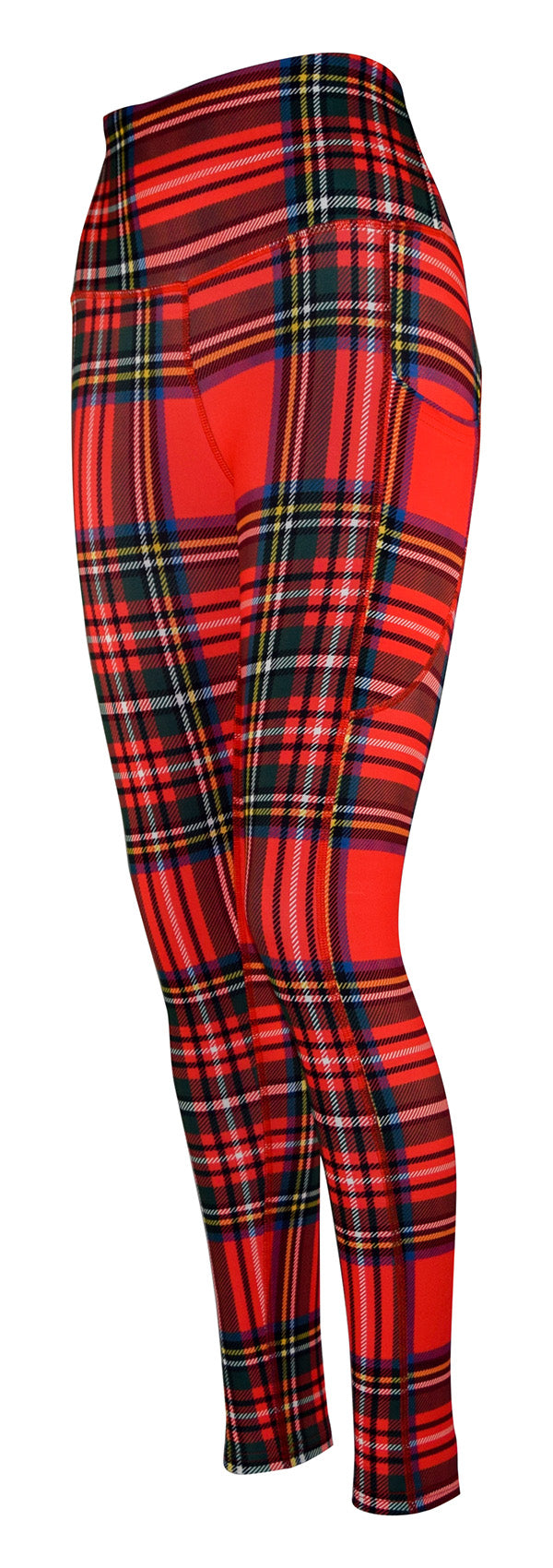 Red traditional tartan leggings with deep side pockets and structured stitching
