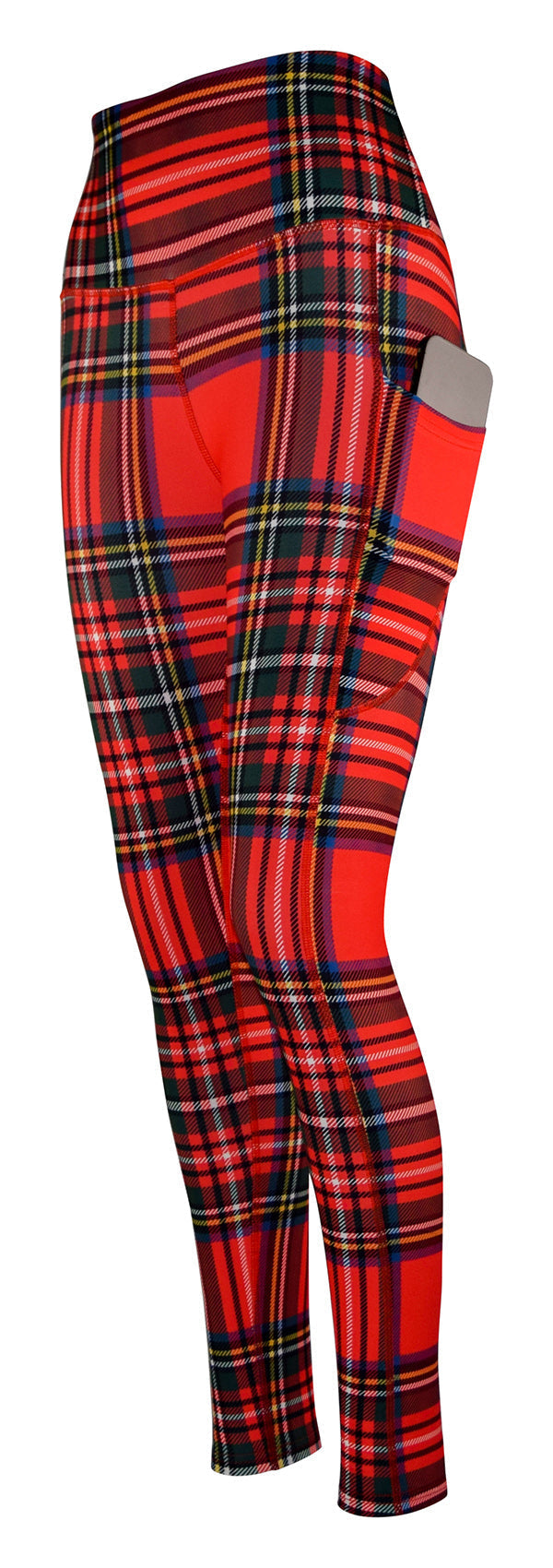Red traditional tartan leggings with deep side pockets and structured stitching